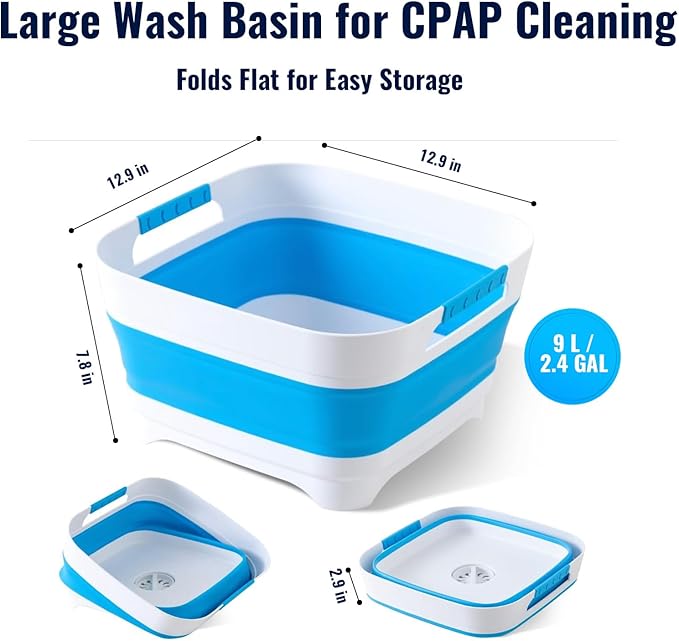 Complete CPAP Cleaning Kit with Dual-Ended 22mm & 15mm Hose Brush, Collapsible Wash Basin, 2 Detail Brushes, Hook & 210D Storage Bag for CPAP/BiPAP Tubing & Mask Care