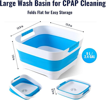 Complete CPAP Cleaning Kit with Dual-Ended 22mm & 15mm Hose Brush, Collapsible Wash Basin, 2 Detail Brushes, Hook & 210D Storage Bag for CPAP/BiPAP Tubing & Mask Care