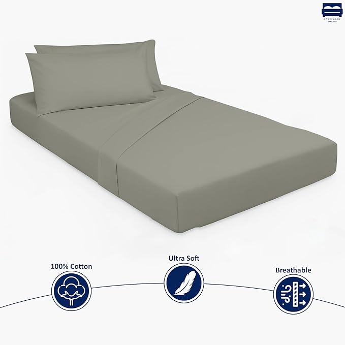 Cottingon 33"x75" Cot Sheet and Pillow Case 4 Piece Set, 100% Egyptain Cotton Soft Bedding Perfect for Rollaway, Folding, Guest Bed Frame, Fits Upto 7" Deep Mattress, Light Grey Solid
