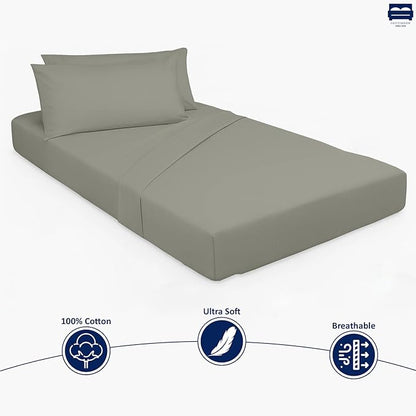 Cottingon 33"x75" Cot Sheet and Pillow Case 4 Piece Set, 100% Egyptain Cotton Soft Bedding Perfect for Rollaway, Folding, Guest Bed Frame, Fits Upto 7" Deep Mattress, Light Grey Solid