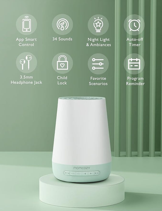 Baby Sound Machine, Momcozy White Noise Machine for Baby Sleeping with Night Light, Toddler Sleep Trainer with 34 Soothing Sounds, Timer, App Remote Control, Personal Sleep Routine(Green)