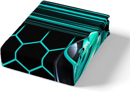 Sports Car Fitted Sheet Twin Size,Neon Lines Honeycomb Bed Sheet with 1 Pillowcase,Cool Speed Soft Decorative Fabric Bedding,Room Gift