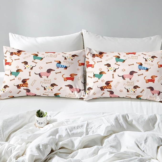 Cute Dachshund Fitted Sheet Full 3 Pcs,Cartoon Puppy Long Body Soft Microfiber Sheets Breathable Bedding,Dog Footprint Bone Silhouette Bedsheet with Deep Pocket