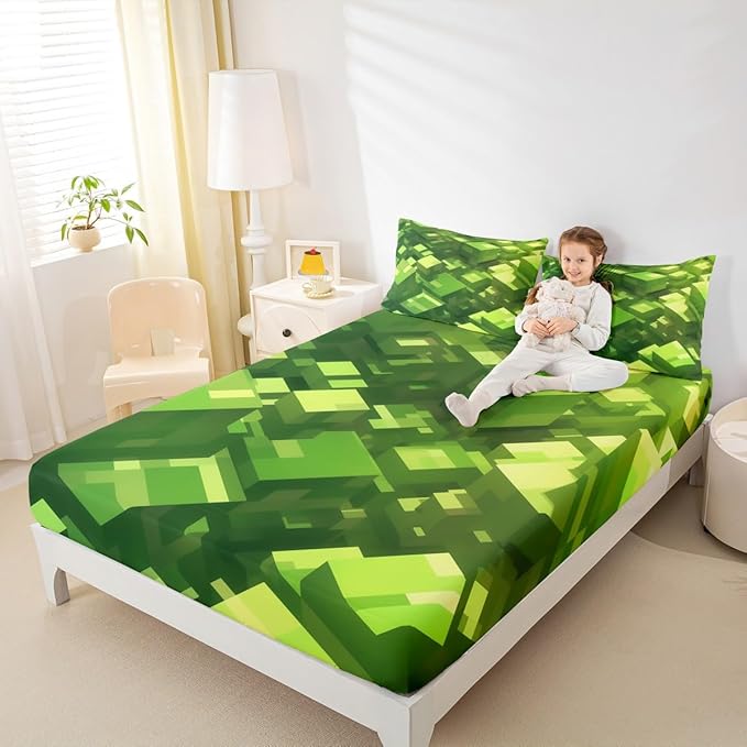 Pixelated Blocks Boys Girls Bed Sheets,Square Video Games Gamepad Room Decor,Geometric Grid Patchwork Kids Twin Size Fitted Sheet,Green Bedding Set,1 Pillowcase(No Flat)