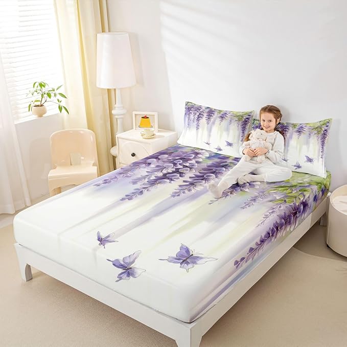 Lavender Kids Full Size Fitted Sheet,Butterfly Spring Floral Room Decor,Dreamy Lilac Flower Leaves Boys Girls Bed Sheets,Purple Beige Bedding Set,2 Pillowcases(No Flat)