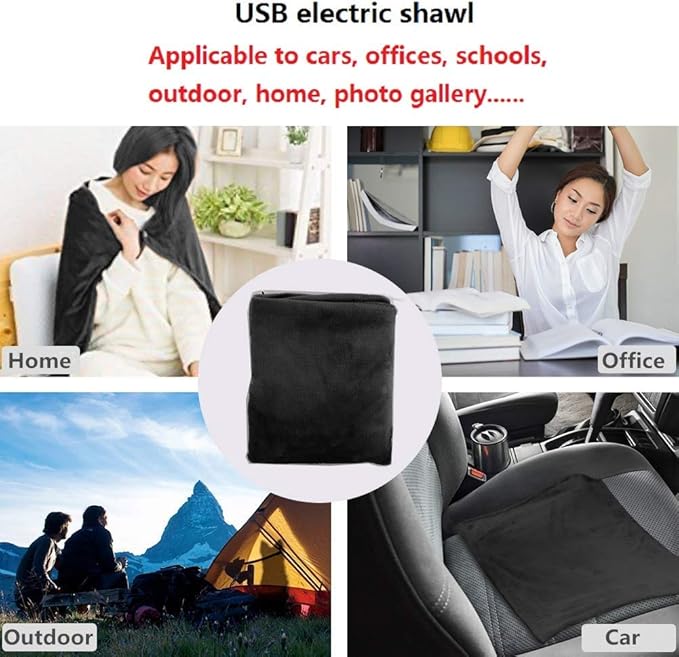 USB Electric Heating Blanket Personal Single-Person Small-Sized Heated Shawl 3 Heating Settings for Library, Outdoors, Car (Black)
