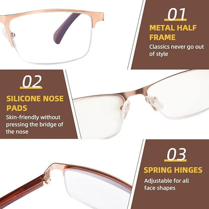 FONHCOO Reading Glasses for Women Men, Blue Light Blocking Reading Glasses Metal Half Frame Computer Readers Anti UV/Glare