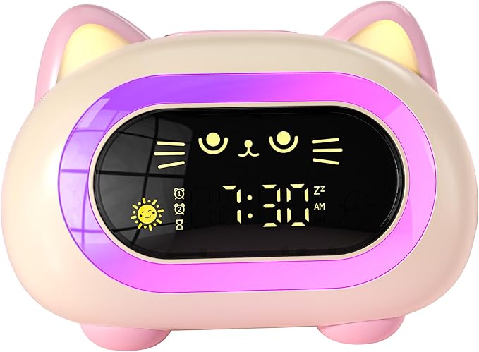 Alarm Clock for Kids, Kids Alarm Clocks for Girls with Sleep Training Dual Alarm Eye Protection Auto Off Timer 10 Color Night Light, Cat Ok to Wake Clock, Gifts for Kids Girls