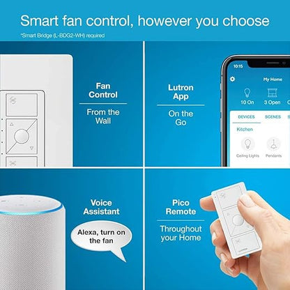 Lutron Caseta Smart Fan Speed Control Switch (Smart Hub Required), Single-Pole Lutron Caseta Switch for Ceiling Fans, PD-FSQN-IV, Ivory