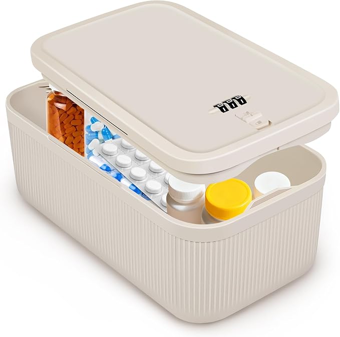 Small Lock Box,Lockable Storage Box with Combination Code for Medication Safe, Medicine Lock Box for Pills/First Aid Kits/Food/Snack Phone Jail,Locked Container for Home/Fridge/Office/School (Beige)