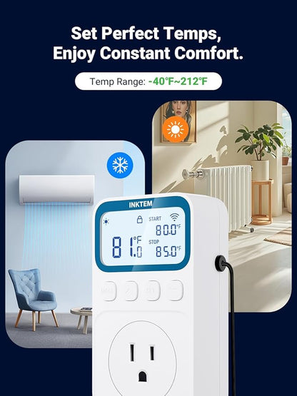 WiFi Temperature Controlled Outlet, Plug in Thermostat Outlet for Space Heater, Duration Timer & Smart Memory Digital Temp Controller, -40℉~212℉, IP67 Waterproof Probe for Incubator, Reptile