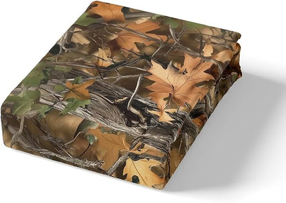 Camoflage Kids Fitted Sheet Queen Size,Jungle Tree Woods Fall Leaves Rustic Cabin Bedding Set,Boys Girls Room Decor,Hunting Adventure Nature Bed Cover,Brown Bed Sheet,2 Pillowcases(No Top Sheet)
