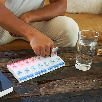 EZY DOSE Push Button (7-Day) Pill Case, Medicine Planner, Daily Vitamin Organizer, 2 Times a Day AM/PM, Large Compartments, Arthritis Friendly, Easy to Use, Clear Lids, Red/Blue, BPA Free