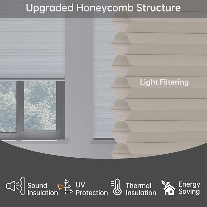 Cellular Shades Light Filtering Honeycomb Blinds for Indoor Windows, Cordless Cellular Shades 1.5 inch Cell Pleated for Bedroom Home Office, Custom Size, Half Shading Golden Brown