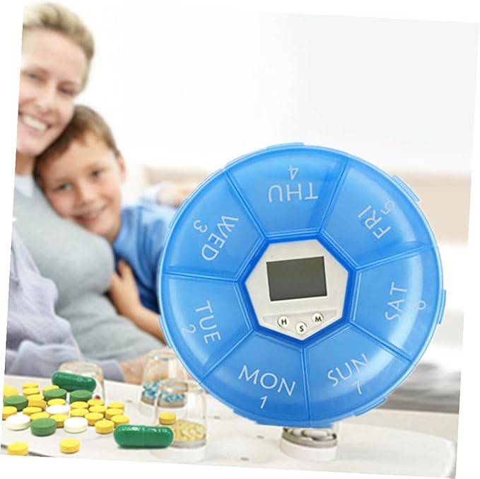 Compartments Pill Dispenser with Built Alarm Clock Weekly Reminder Box for Patients Blue Electronic Medicine Organizer with See-Through Lids Use Daily Pill Storage and Timer