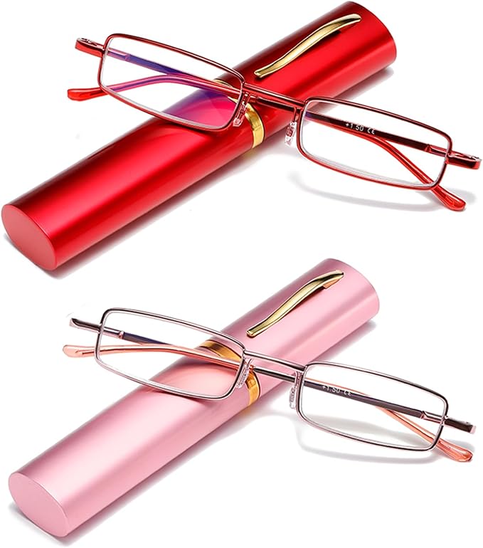 Blue Light Blocking Reading Glasses - Slim Pocket Readers with Pen Clip Case Mini Lightweight Readers