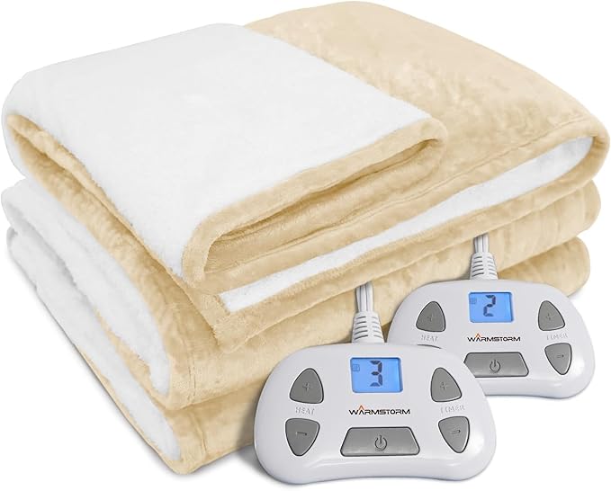Warm Storm Electric Blanket King Size Heated Blanket Anti-Static Flannel & Sherpa 10 Heating Levels 12 Hours Auto Off Machine Washable Beige 90"x 100"