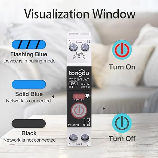 DIY 1P+N Smart Wi-Fi Switch, Work with Alexa and Google Assistant for Voice Control, 6A with Energy Monitor, Smart Life/Tuya APP Remote Control, Timer Functions, DIN Rail Mounted,FCC Certified
