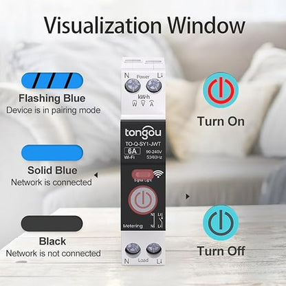 DIY 1P+N Smart Wi-Fi Switch, Work with Alexa and Google Assistant for Voice Control, 6A with Energy Monitor, Smart Life/Tuya APP Remote Control, Timer Functions, DIN Rail Mounted,FCC Certified