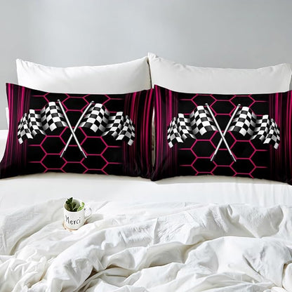 Black White Checkered Flag Fitted Sheet Extreme Sports Theme Bed Sheet Set for Kids Children Teens Honeycomb Geometric Bed Cover Toddler Bedroom Decor,Twin Size