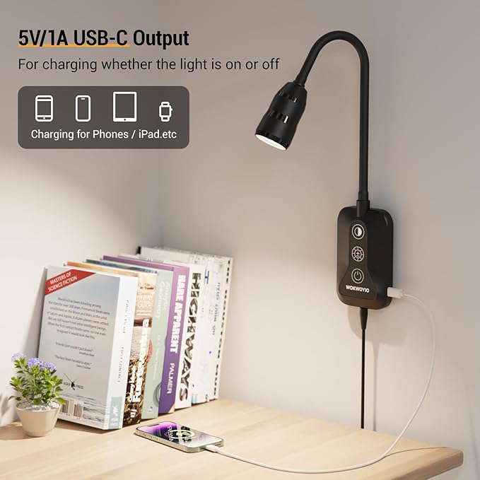 Wall Mounted Reading Light with Hand Sweep Sensor Switch, Book Light for Reading with USB Output, 5 Color & Brightness Dimmable Wall Lights for Bedroom, Wall Lamp with Flexible Neck-Black 2 Pack