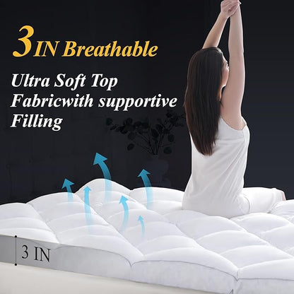 DOWNCOOL 3 Inch King Mattress Topper, Ultra Thick and Fluffy Supportive Memory Foam Mattress Topper for Body Pain, Mattress Pad with Breathable Mesh Design for Deep Sleep, 80x78x3 Inches