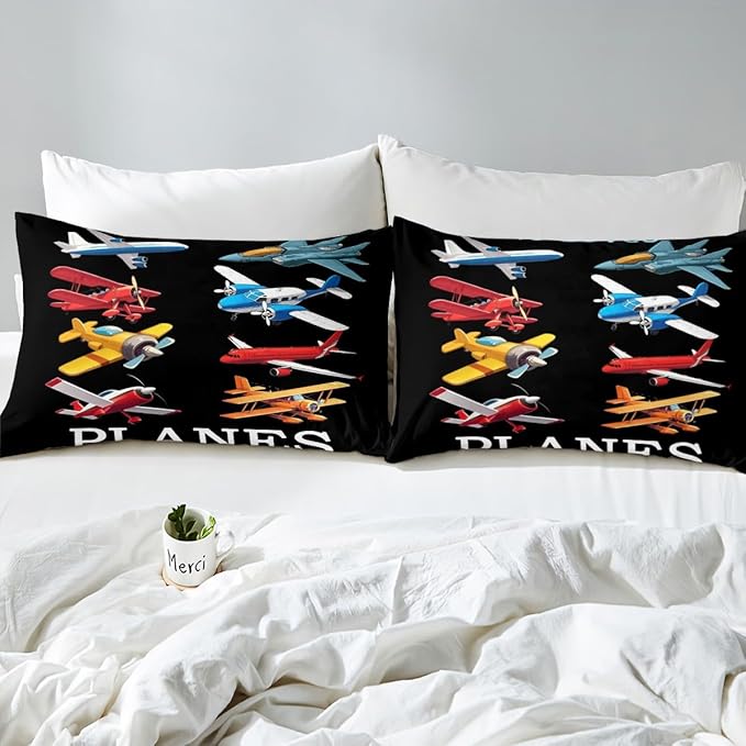 Cartoon Airplanes Kids Fitted Sheet Twin Size,Aviation Aircraft Warplane Helicopter Bedding Set,Boys Girls Room Decor,Flying Plane Air Vehicles Bed Cover,Black Bed Sheet,1 Pillowcase(No Top Sheet)