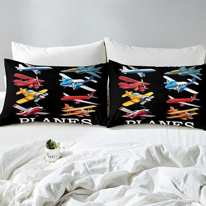Cartoon Airplanes Kids Fitted Sheet Twin Size,Aviation Aircraft Warplane Helicopter Bedding Set,Boys Girls Room Decor,Flying Plane Air Vehicles Bed Cover,Black Bed Sheet,1 Pillowcase(No Top Sheet)