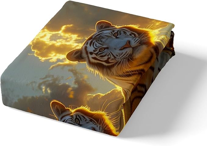 Tiger Kids Fitted Sheet Twin Size,Wild Animals Rustic Farmhouse Tiger Fur Bedding Set,Boys Girls Room Decor,Sunset Hunting Adventure Bed Cover,Brown Country Bed Sheet,1 Pillowcase