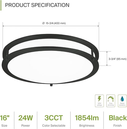 ASD LED 16" Round Flush Mount Lighting, Close to Ceiling Light Fixture | 3CCT, Dimmable, Energy Star, ETL Listed | 24W 1854LM 3000-5000K 120V | Low Profile Double Ring Lamp | Black