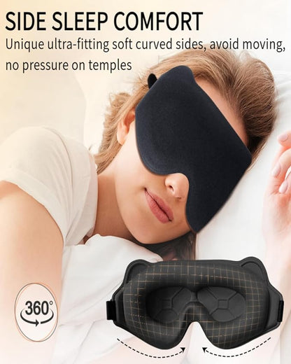 3D Contoured Sleep Mask for Side Sleepers & Travel – 100% Light Blocking Cat-Eye Design, 20mm Deep Eye Cavity & Adjustable Headband | Black Sleep Mask with Earplids, Gift Card & Pouch (Black)