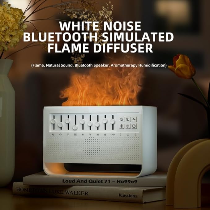 White Noise Sound Machine & Humidifier with Bluetooth Speaker, Sleep Aid Essential Oil Diffuser for Adults/Babies, Realistic Flame Lamp, Timer & Auto-Off for Deep Sleep.