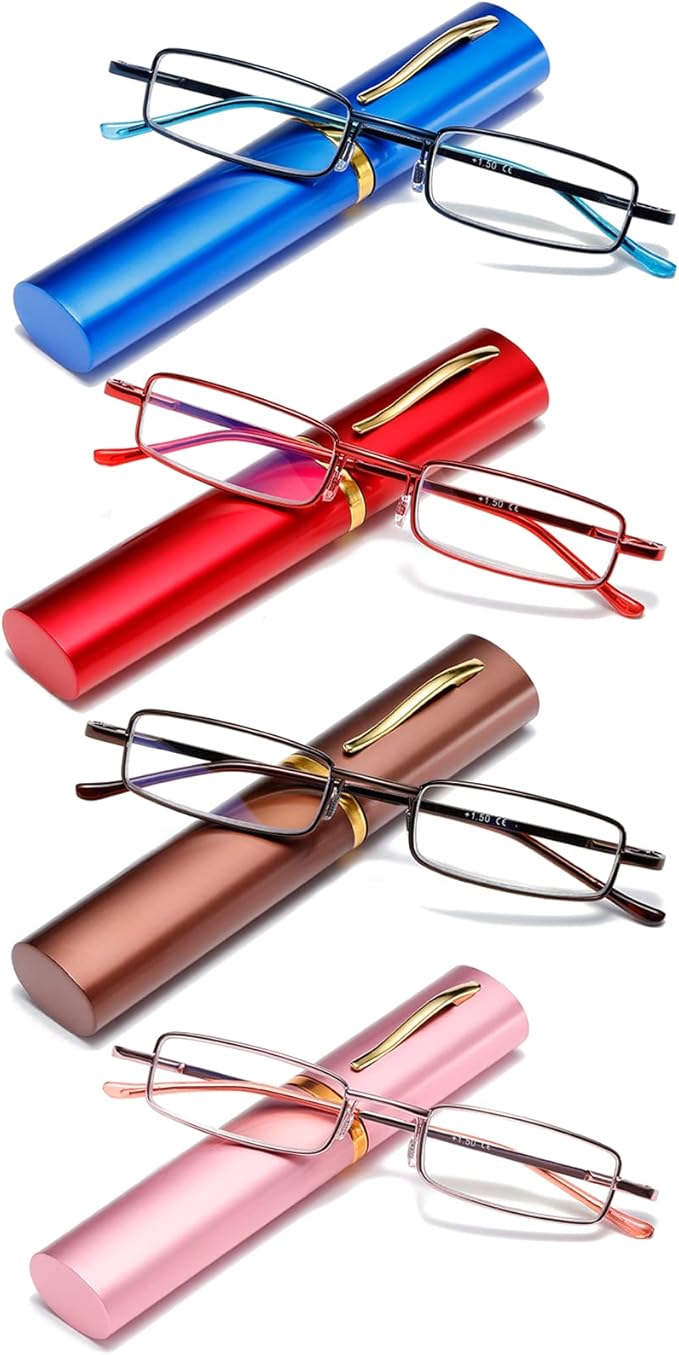 Blue Light Blocking Reading Glasses - Slim Pocket Readers with Pen Clip Case Mini Lightweight Readers