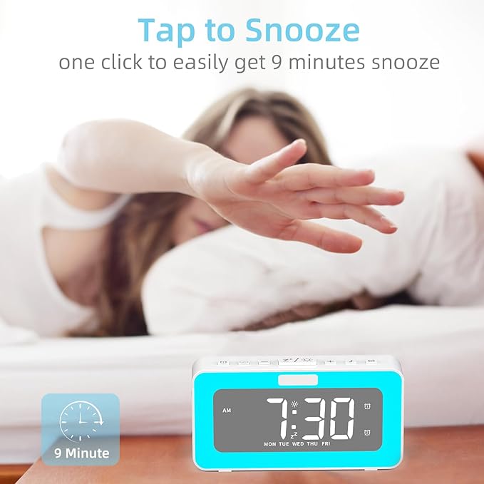Cooluck Digital Alarm Clock for Bedrooms, Loud Dual Alarm for Heavy Sleepers, Large Display Desk Clock with 7 LED Night Lights, Nature Sounds, for Adults, Teens, Home or Office (White)