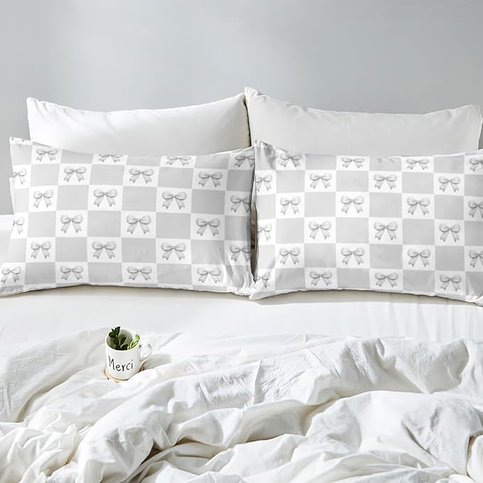 Gray Bowknot Bed Cover(1 Fitted Sheet+1 Pillow Case),Geometric Gray White Plaids Grids Patchwork Bedding Set for Room Decor,Princess Bow-tie Dreamy Girly Bow Bed Sheet Set,3Pcs Full Size