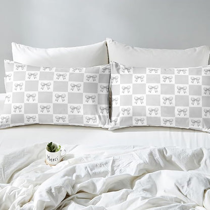 Gray Bowknot Bed Cover(1 Fitted Sheet+1 Pillow Case),Geometric Gray White Plaids Grids Patchwork Bedding Set for Room Decor,Princess Bow-tie Dreamy Girly Bow Bed Sheet Set,3Pcs Full Size