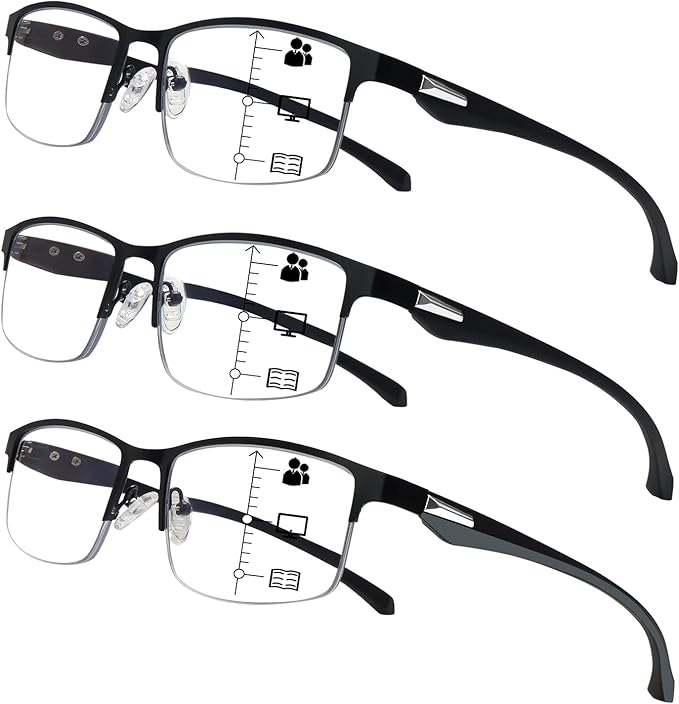 CLASAGA Progressive Multifocus Reading Glasses for Men,Lightweight Metal Half Frame Blue Light Blocking Computer Readers