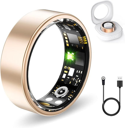 Smart Rings for Women Men, Fitness Ring with Heart Rate, Blood Oxygen, HRV, Pressure, Sleep Tracker, Step Tracker, No Subscription Fee, IP68 Waterproof Smart Ring for iPhone & Android (Gold, 14#)