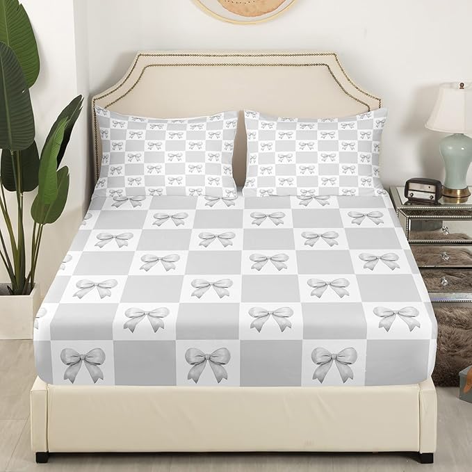 Gray Bowknot Fitted Sheet Geometric Gray White Plaids Grids Patchwork Bed Sheet Set for Kids Children Teens Princess Bow-tie Dreamy Girly Bow Bed Cover Toddler Bedroom Decor,Twin Size