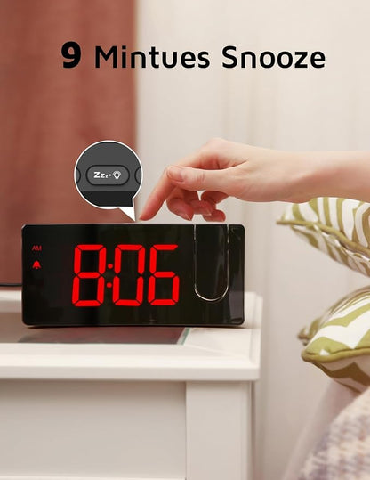 GOLOZA Projection Alarm Clock, Digital Clock with Modern Curved Design 180° Rotatable Projector, 3-Level Brightness Dimmer, Clear Red LED Display, Progressive Volume, 9mins Snooze,12/24H, for Bedroom