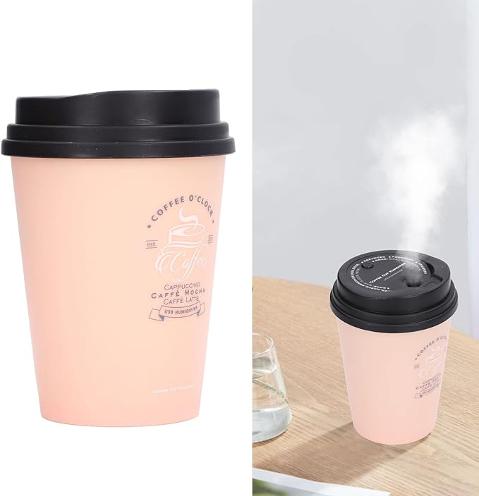 Mini Portable 300ml Humidifier, USB Coffee Cup Low Noise Desk Humidifier Lightweight Space Saving Car Humidifiers for Bedroom Office Travel Home (Pink)