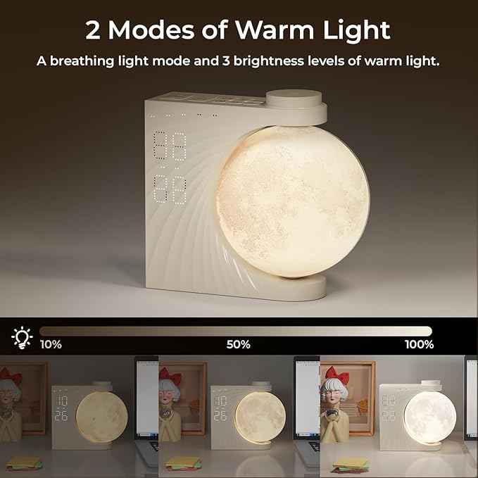 Sunrise Alarm Clock for Bedrooms, Moon Lamp Wake-Up Light with Night Lamp & Colourful Light Mode - 10 Sleep Nature Sounds & Dual Alarms for Heavy Sleepers, 30/60/90 Timer with Snooze Function
