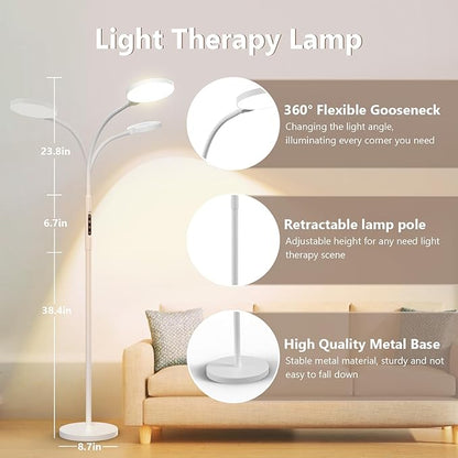 Daylight Floor & Desk Lamp – 11,000 Lux UV-Free Full Spectrum Light, 5 Color Temperatures & 10 Brightness Levels, 360° Adjustable Gooseneck Lamp for Home Office, Bedroom & Reading (White)