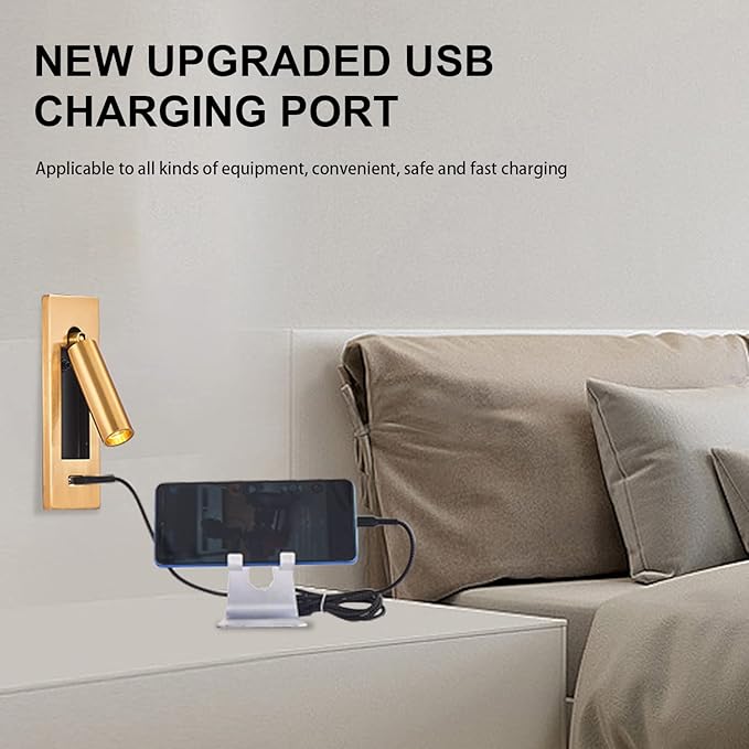 LED Wall Light Bedside Reading Light, with USB Portable Charging Port, Lift Down Control Switch,Hardwire Recessed Unplugged (Gold)