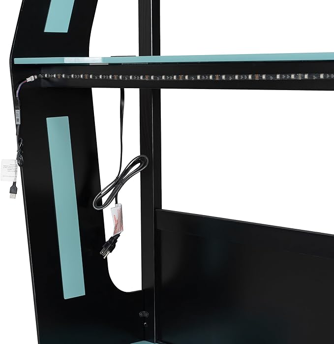 Full Size Gaming Loft Bed with Desk & Charging Ports & RGB Light Strip,Heavy-Duty Wood Bunk Bed Frame with Storage Shelves,Safety Guardrails & Ladder for PC & Console Gamers,Under-Bed Space,Cloud Blue