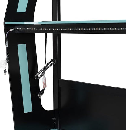 Full Size Gaming Loft Bed with Desk & Charging Ports & RGB Light Strip,Heavy-Duty Wood Bunk Bed Frame with Storage Shelves,Safety Guardrails & Ladder for PC & Console Gamers,Under-Bed Space,Cloud Blue