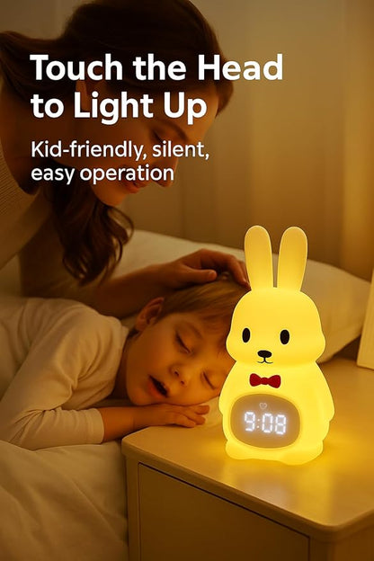 Sleep Trainer Clock for Toddlers with Color Light Cues, Bunny Alarm Clock with Night Light & Sunrise Wake Up, 12 Sounds, App Control, Rechargeable Silicone Nursery Lamp