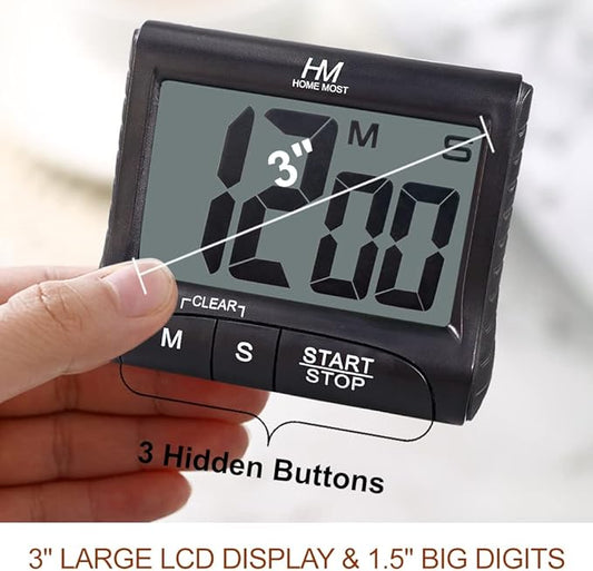 3" Large Display Kitchen Timer - Digital Timer Magnetic Back Loud Alarm On A Rope- Black Cooking Timers For Kitchen Teachers Students Games Kids Meetings -Sports Timers For Workouts Exercise
