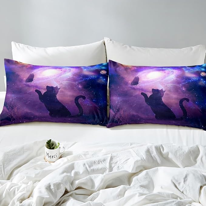 Cat Butterfly Sheet Set Queen Starry Sky Galaxy Universe Bedding for Kids Teens Room Decor,Animal Purple Background Soft Bed Sheet Set 4pcs with Deep Pocket Fitted Sheet + Flat Sheet + 2 Pillowcases