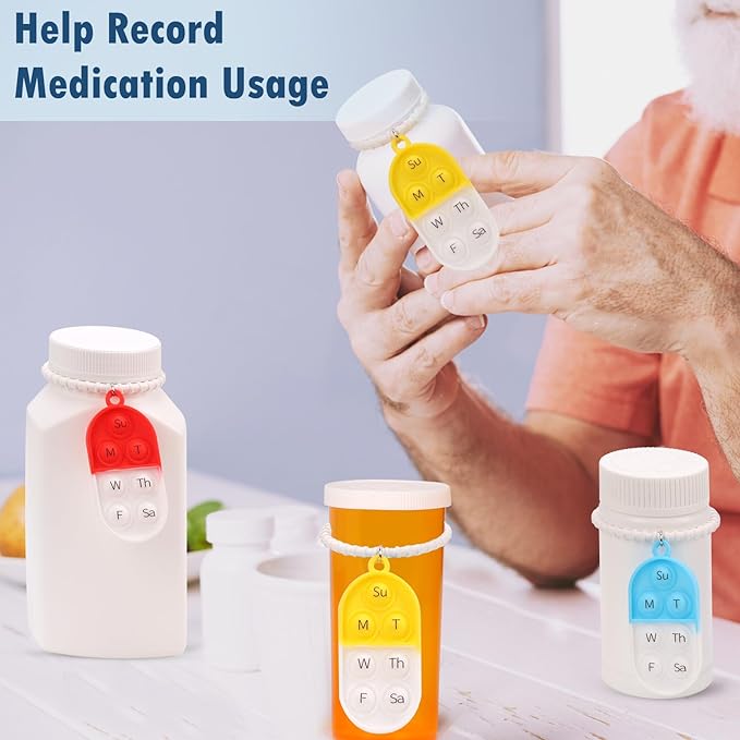 6 Pack Medication Pill Tracker Pill Reminder with Ties Reusable Daily Pill Tracker Portable Pill Bottle Tracker with Button 7 Day Memory Aid Medication Dose for Bottles The Elderly